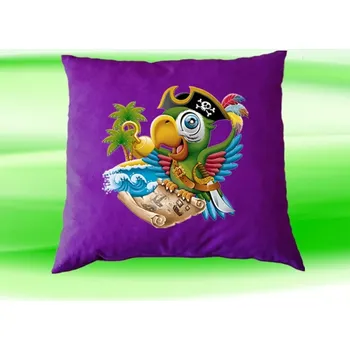 Dekorativní polštářek Polštářek papoušek pirát fialový (dětský dětský polštář 35x35 cm s papouškem pirátem)