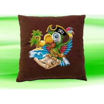 Dekorativní polštářek Polštářek papoušek pirát hnědý (dětský dětský polštář 35x35 cm s papouškem pirátem)