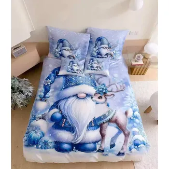 Povlečení Novinka 2025 ! Sada vánočního Bavlněného povlečení na Francouzskou přikrývku 200x220/70x90 cm – s 3D efektem , MERRY CHRISTMAS VÁNOČNÍ SKŘÍTEK MODRÝ + prostěradlo ZDARMA!