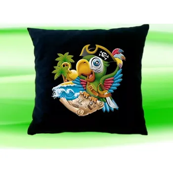 Dekorativní polštářek Polštářek papoušek pirát černý (dětský dětský polštář 35x35 cm s papouškem pirátem)