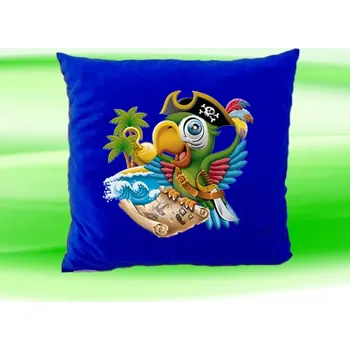 Dekorativní polštářek Polštářek papoušek pirát modrý (dětský dětský polštář 35x35 cm s papouškem pirátem)