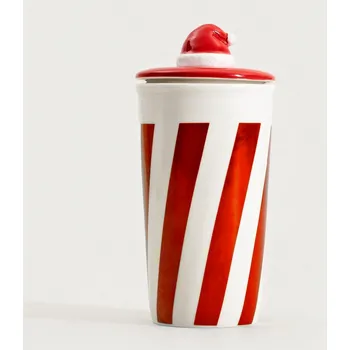 Hrnek | HOMBER | červený pruhovaný s víčkem | 0,45 l | 761188