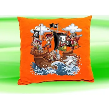 Dekorativní polštářek Polštářek piráti námořníci koráb loď oranžový (dětský polštář 35x35 cm s piráty)