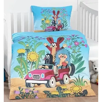 Povlečení Matějovský Krtek v autě modré 90 x 130, 40 x 60 cm zipový uzávěr