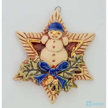 Vánoční dekorace Keramická ozdoba hvězda se sněhulákem Vintage Listíková