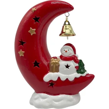 Vánoční dekorace Keramický sněhulák sedící na měsíci s LED osvětlením