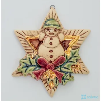 Vánoční dekorace Keramická ozdoba hvězda se sněhulákem zelená čepice Classic Listíková