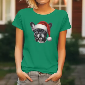 Dámské oblečení Dámské tričko Vánoční Buldoček Barva: Středně zelená, Velikost: XS
