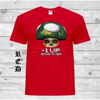 Pánské tričko levne-bavlnene-tricko-potisk-mushroom-gameover Barva: Red - červená, velikost: XS