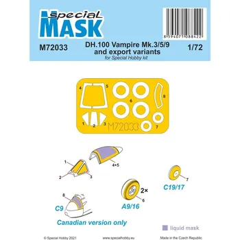 Plastikový model Maska pro plastikový model 1/72 DH.100 Vampire Mk.3/5/9 and export variants - Special Hobby M72033