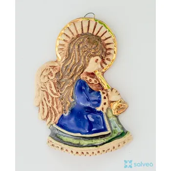 Vánoční dekorace Keramická ozdoba andělíček modrý kabátek s píšťalou Vintage Listíková