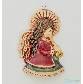 Vánoční dekorace Keramická ozdoba andělíček s píšťalou červený kabátek Classic Listíková