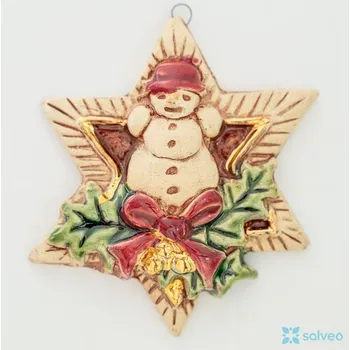 Vánoční ozdoba Keramická ozdoba hvězda se sněhulákem červená čepice Classic Listíková