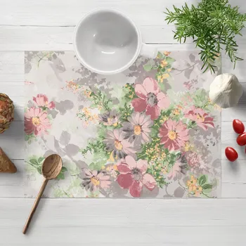 prostírání Bavlněné prostírání na stůl Sandra SA-704 Malované růžovo-červené květy na šedém 30x40 cm