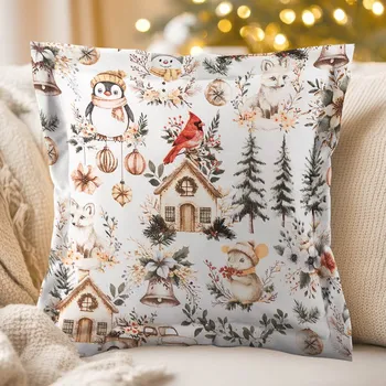 Povlak na dekorativní polštářek Bavlněný povlak na polštář s lemem Sandra SA-709 Zimní pohádka zeleno-hnědá na bílém 40 x 40 cm