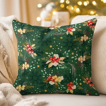 Povlak na dekorativní polštářek Bavlněný povlak na polštář Sandra SA-713 Vánoční cesmíny na zeleném 40 x 40 cm