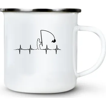 Rybaření EKG, srdeční tep, černý potisk - Plechový hrnek VELKÝ 400ml (500 ml po okraj) - 400 ml