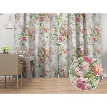 ubrus Bavlněný závěs Sandra SA-704 Malované růžovo-červené květy na šedém 140x140 cm