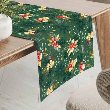 ubrus Bavlněný běhoun na stůl Sandra SA-713 Vánoční cesmíny na zeleném 35x120 cm