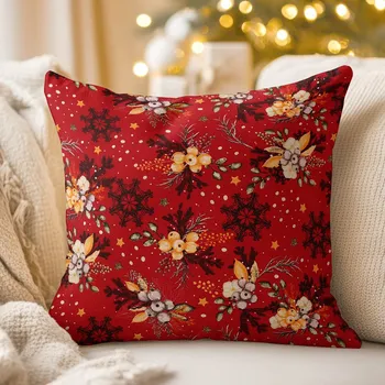 Povlak na dekorativní polštářek Bavlněný povlak na polštář Sandra SA-714 Vánoční cesmíny na červeném 40 x 40 cm