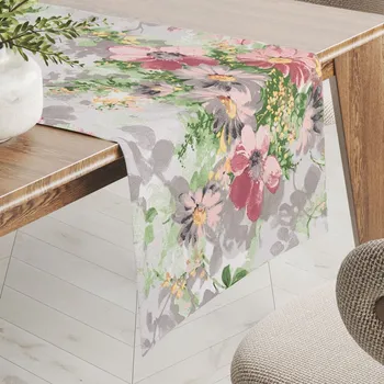 ubrus Bavlněný běhoun na stůl Sandra SA-704 Malované růžovo-červené květy na šedém 20x140 cm