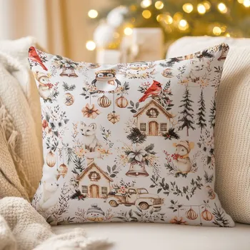 Povlak na dekorativní polštářek Bavlněný povlak na polštář Sandra SA-709 Zimní pohádka zeleno-hnědá na bílém 50 x 60 cm
