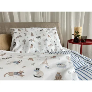 Povlečení Dětské povlečení bavlněný popelín Paříž, kočičky/modrý proužek - 100x135 + 40x60 cm