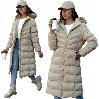 Dámský kabát DÁMSKÁ ZIMNÍ PROŠÍVANÁ BUNDA/KABÁT S KAPUCÍ BÉŽOVÁ ty4376 - L