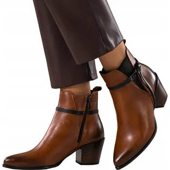 Dámská zimní obuv KOTNÍKOVÉ BOTY Hnědé KOŽENÉ Dámské Kovbojské Boty POHODLNÉ Zkosená kostka MODNE vel. 38