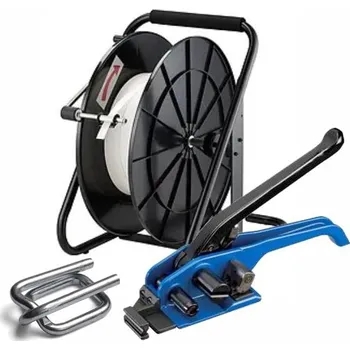 Obalový materiál UNIPACK Páskovací sada ZETA - těžké aplikace, kulaté předměty Sada: Páska a spona šíře 25 mm, pevnost pásky v tahu je 1300 kg, odvíječ H91A, páskovač H 28Y
