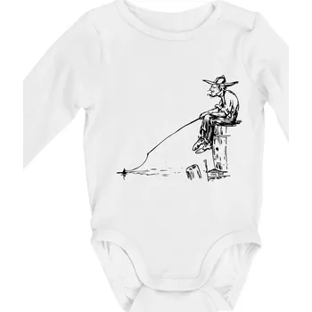 Kreslený rybář na pařezu - Body kojenecké s dlouhým rukávem - Dlouhý r. 6-12 měs ( Bílá )