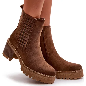 Dámská zimní obuv DÁMSKÉ KOTNÍKOVÉ BOTY EKO SEMIŠ PODPATEK SLOUPEK NA ZIP TMAVĚ HNĚDÉ 40