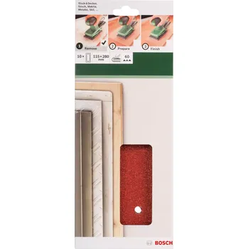 Brusný papír 10x Brusný papír na různé materiály Bosch 2609256B27 - 115x280mm, hr.60, 14 děr, pro vibrační brusku Bosch PSS 200 AC, PSM 200 AES a další