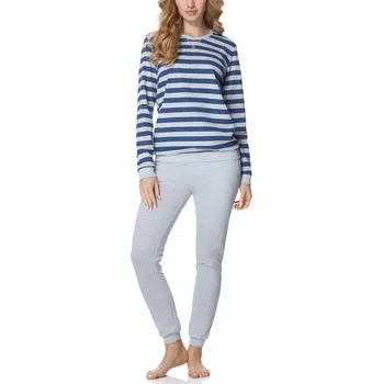 Dámské noční prádlo Dámské bavlněné pyžamo s dlouhým rukávem MS-107 Šedé/Proužky XXL