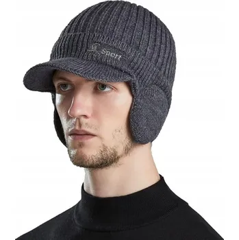 Čepice Pánská zimní čepice s klapkami na uši, žebrovaná, teplá, s kšiltem, zateplená ušanka šedá