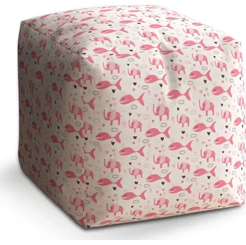 Taburet Sablio Taburet Cube Růžové rybky a sloni: 40x40x40 cm