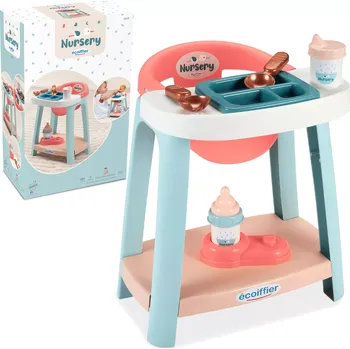 Dětská kuchyňka ecoiffier nursery sada pro krmení panenek s jídelní židličkou a doplňky, 7 dílů