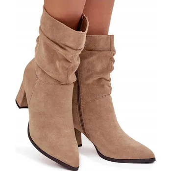 Dámská zimní obuv DÁMSKÉ KOTNÍKOVÉ BOTY EKO SEMIŠ PODPATEK ZATEPLENÝ SLOUPEK S ŘASENÍM BÉŽOVÁ 39