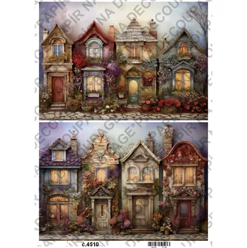 Umělecký papír Rýžový a soft papír na decoupage - Domky, ulice - KB4510 Materiál: Soft, Rozměr: A4