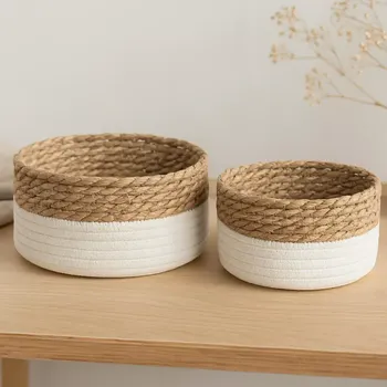 Košíky z bavlny a rákosu, bílé/přírodní, kulaté, sada 2 kusů