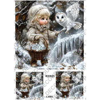 Výtvarný papír Rýžový a soft papír na decoupage - Holčička se sovou - KB4581 Materiál: Rýžový papír, Rozměr: A4