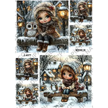 Umělecký papír Rýžový a soft papír na decoupage - Holčička se sovou - KB4577 Materiál: Soft, Rozměr: A4