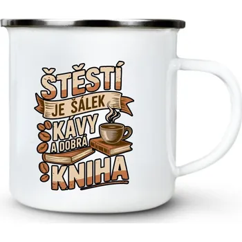 Štěstí je šálek kávy a dobrá kniha - Plechový hrnek VELKÝ 400ml (500 ml po okraj) - 400 ml