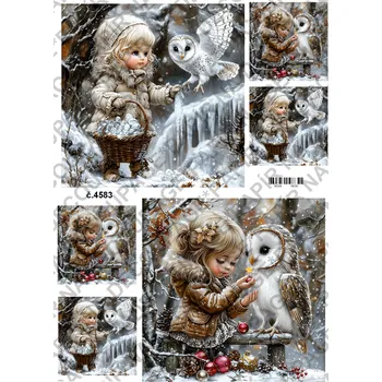 Umělecký papír Rýžový a soft papír na decoupage - Holčička se sovou - KB4583 Materiál: Soft, Rozměr: A4