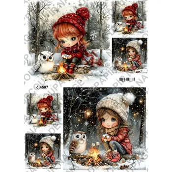 Umělecký papír Rýžový a soft papír na decoupage - Holčička se sovou - KB4587 Materiál: Soft, Rozměr: A4