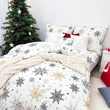 Povlečení Krepové povlečení Sněhové vločky zlaté Zapínání: knoflík, Velikost polštáře: 70x90, Velikost přikrývky: 140x200