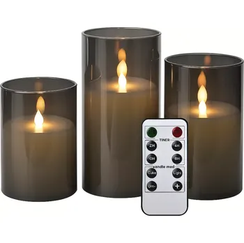 Svíčka Nakida BK 546 – sada 3 bezplamenných LED svíček ve skle, časovač a dálkové ovládání, teplé světlo, dekorace, šedá (bezplamenné LED svíčky | sada 3 ks | skleněné válce | dálkové ovládání | časovač 2h/4h/6h/8h | stmívání | teplé žluté světlo | dekorace domů