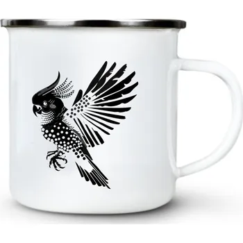 Exotický geo-pták, černý potisk - Plechový hrnek VELKÝ 400ml (500 ml po okraj) - 400 ml