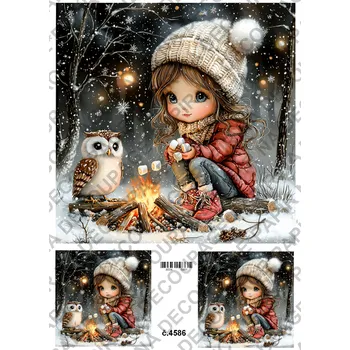 Umělecký papír Rýžový a soft papír na decoupage - Holčička se sovou - KB4586 Materiál: Soft, Rozměr: A4