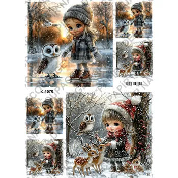 Umělecký papír Rýžový a soft papír na decoupage - Holčička se sovou - KB4570 Materiál: Soft, Rozměr: A4